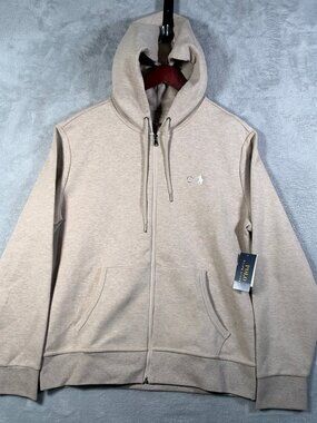 Polo Ralph Lauren Hoodie Mens L Beige Full Zip Heather Pony Jacket Double Knit